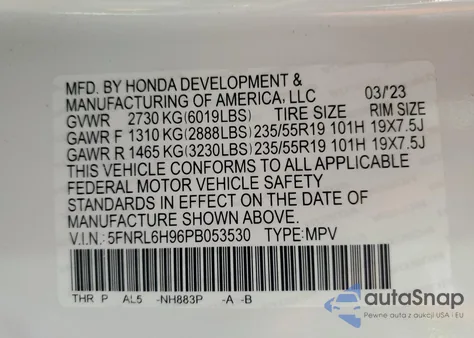 2023 Honda Odyssey Elite z USA, uszkodzony, nr VIN 5FNRL6H96PB053530